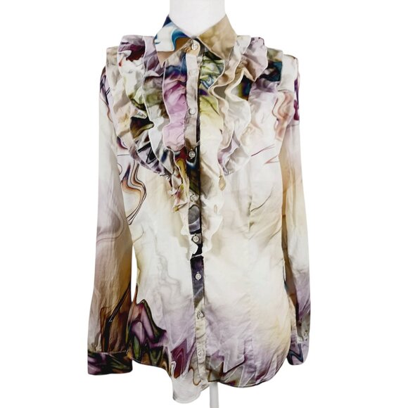 Georg Roth Los Angeles  Med. Cotton Button Down Top Ruffled Artsy Abstract Print - Picture 4 of 16